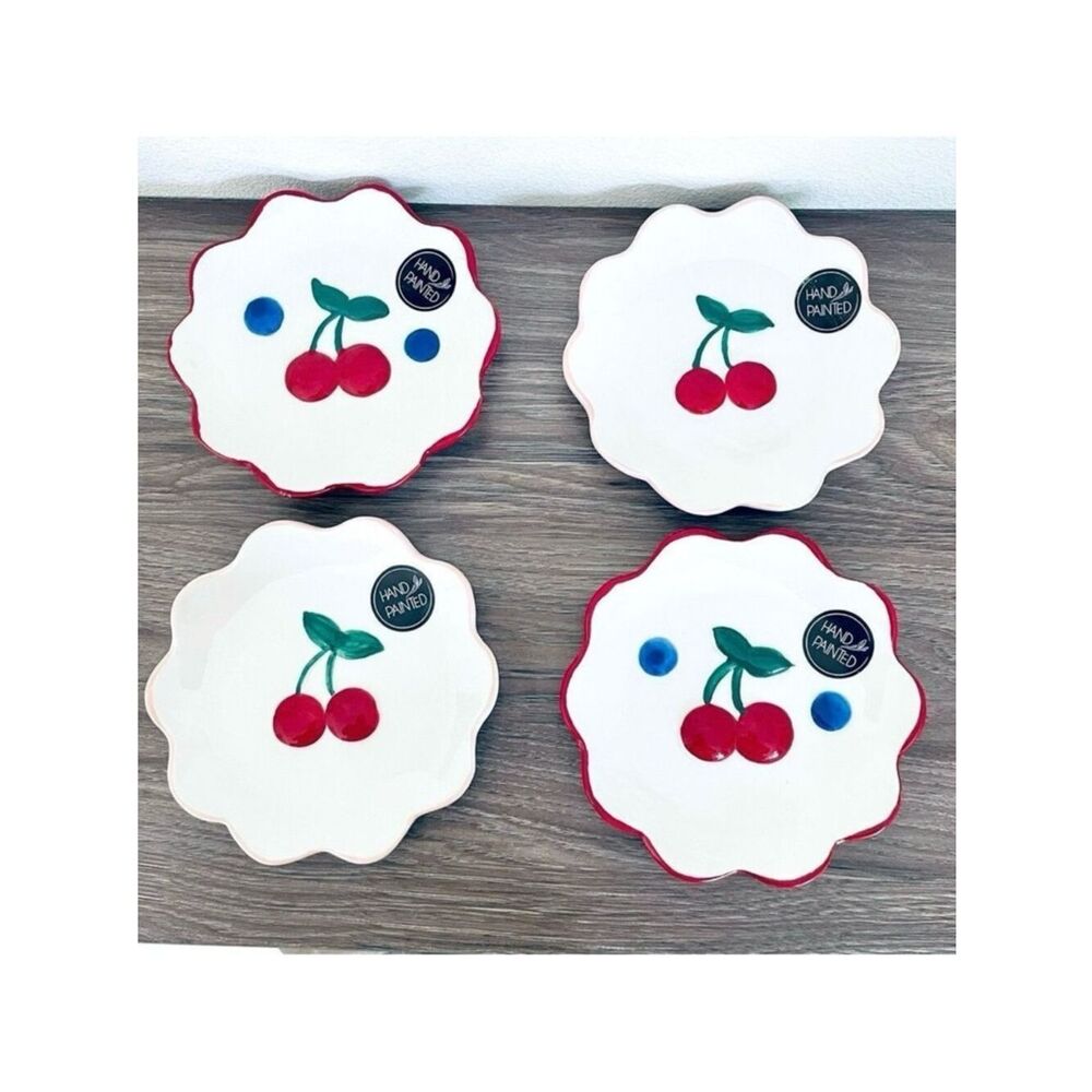 NWT Gorgeous Luna & Sage Set of 4 White Red Green Cherries Ceramic 6” Plates